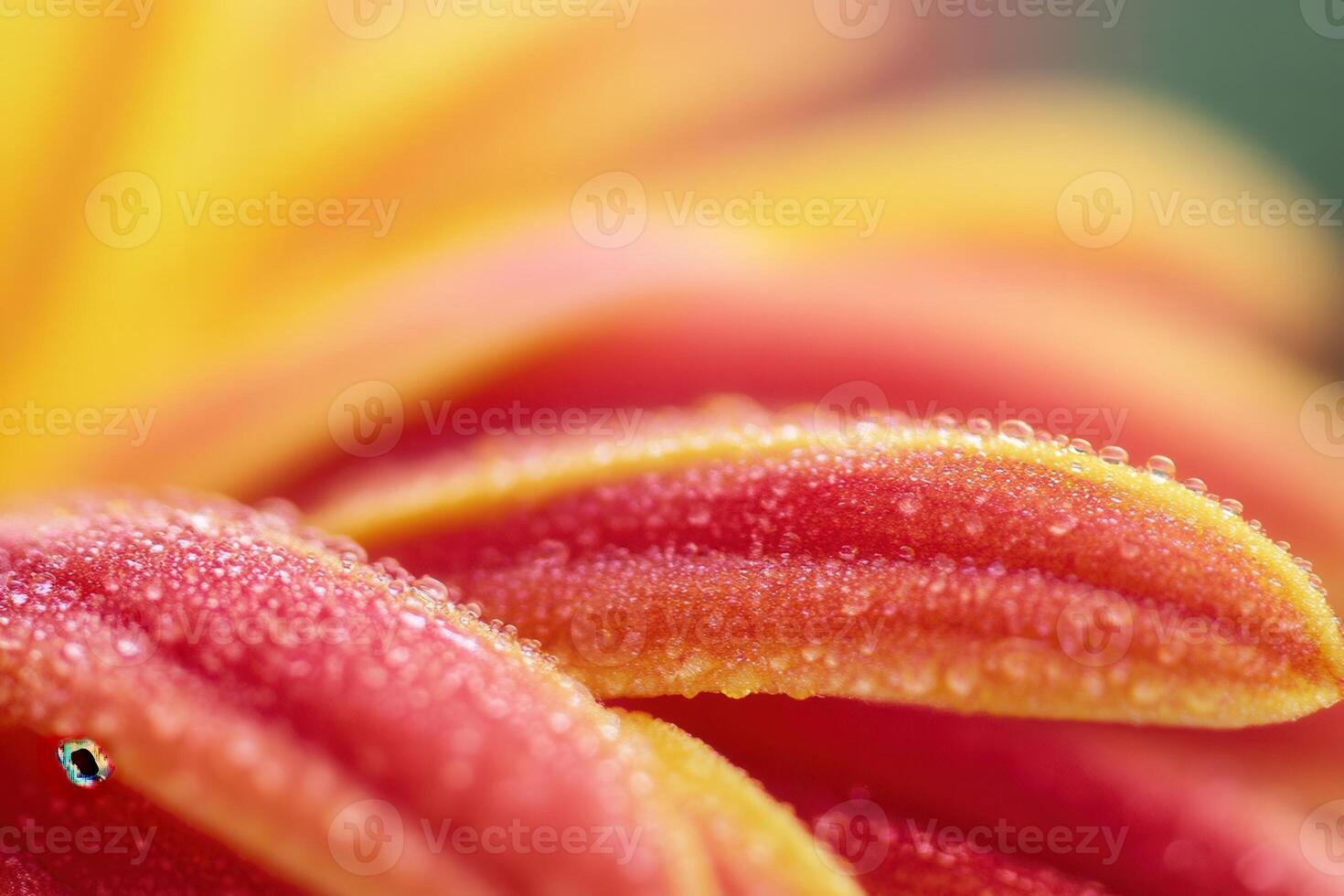 Close-up of dew drops on vibrant red and yellow flower petals. photo