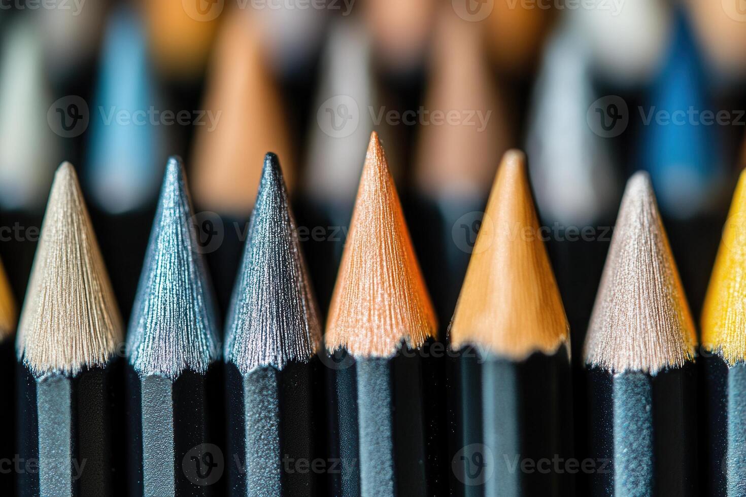 Close-up of sharpened colored pencils arranged in rows, showcasing their vibrant hues and textures. photo