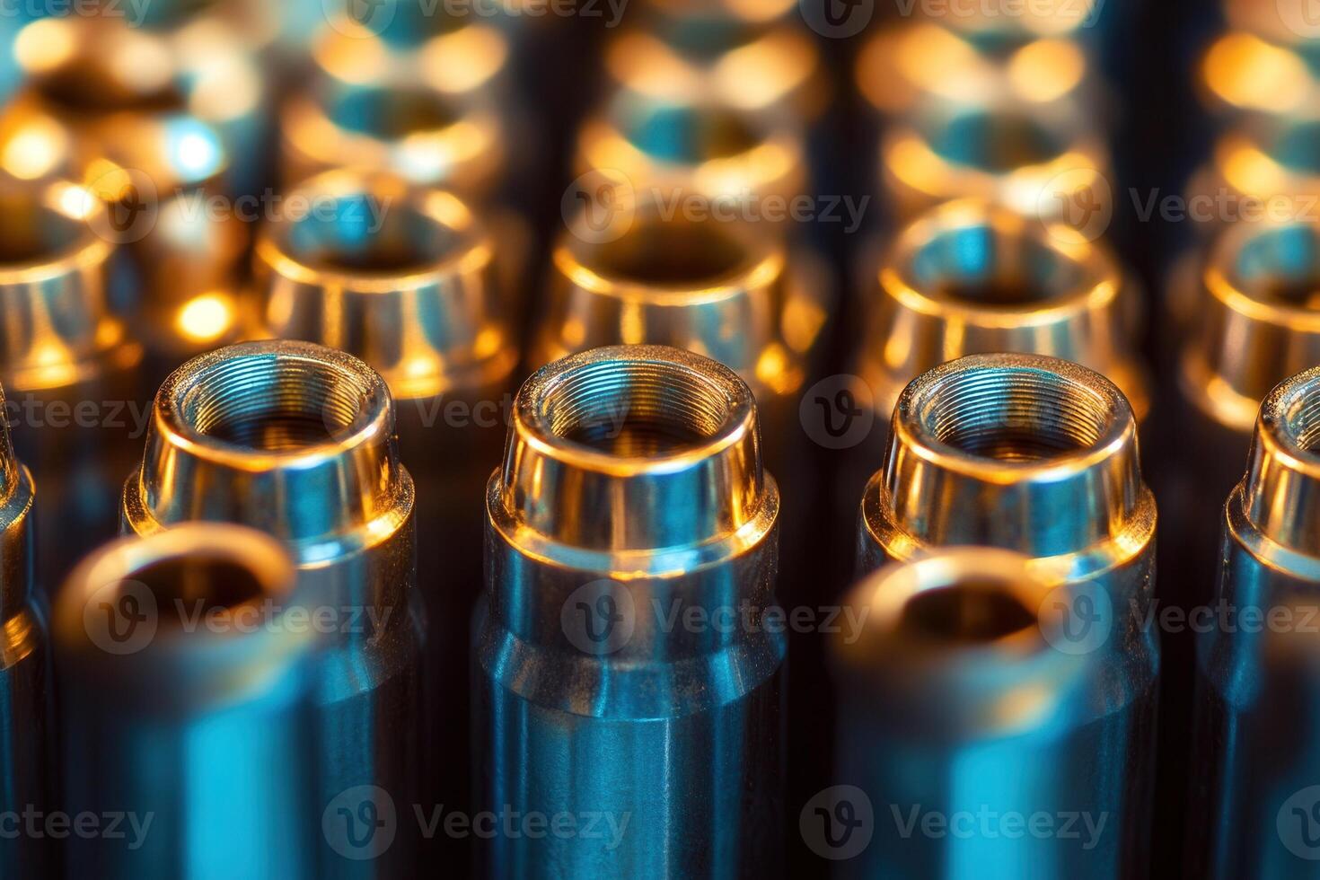 Close-up of shiny metal cylinders, precision-engineered parts in a factory setting. photo