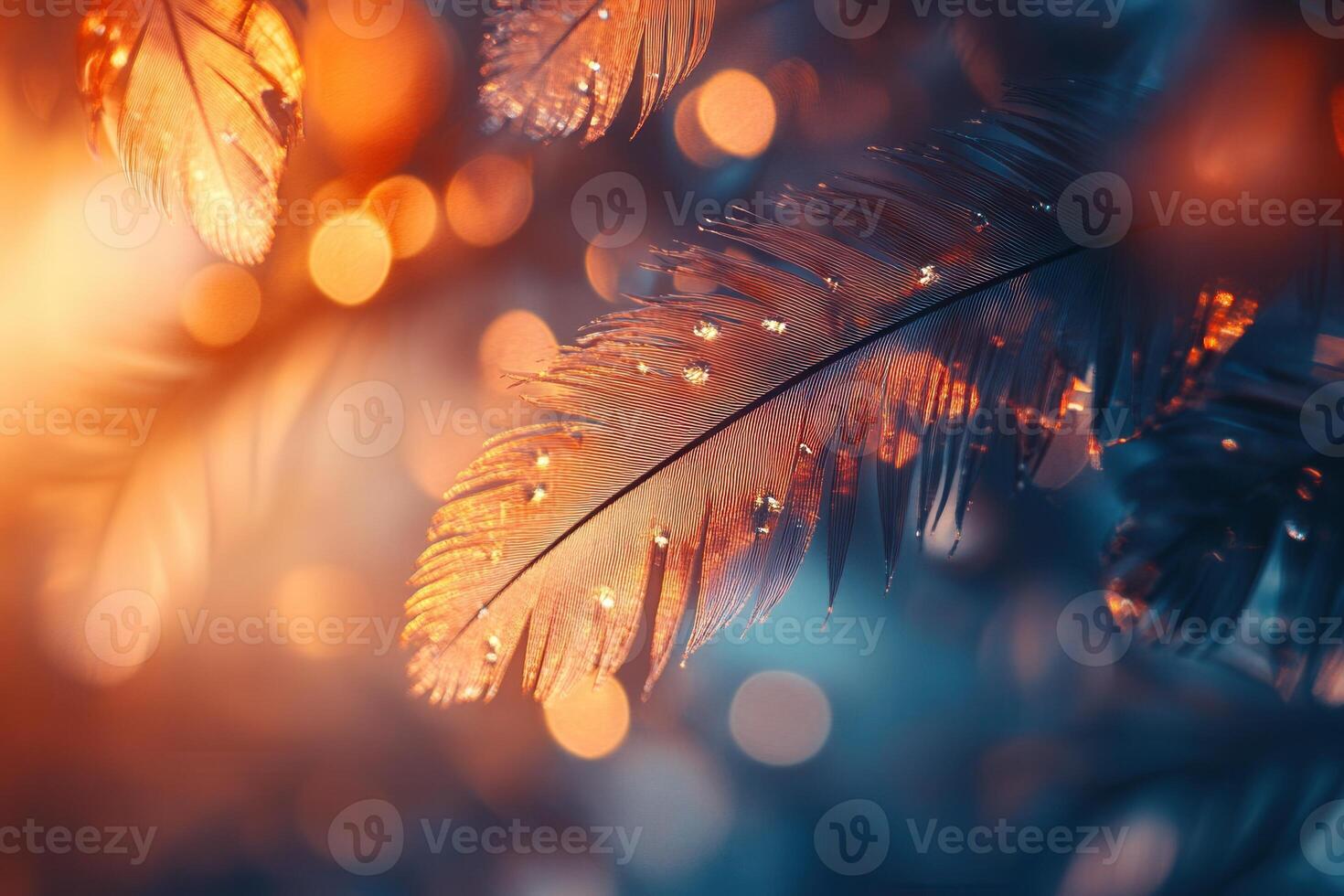 Close-up of translucent feathers with water droplets, bokeh background. photo