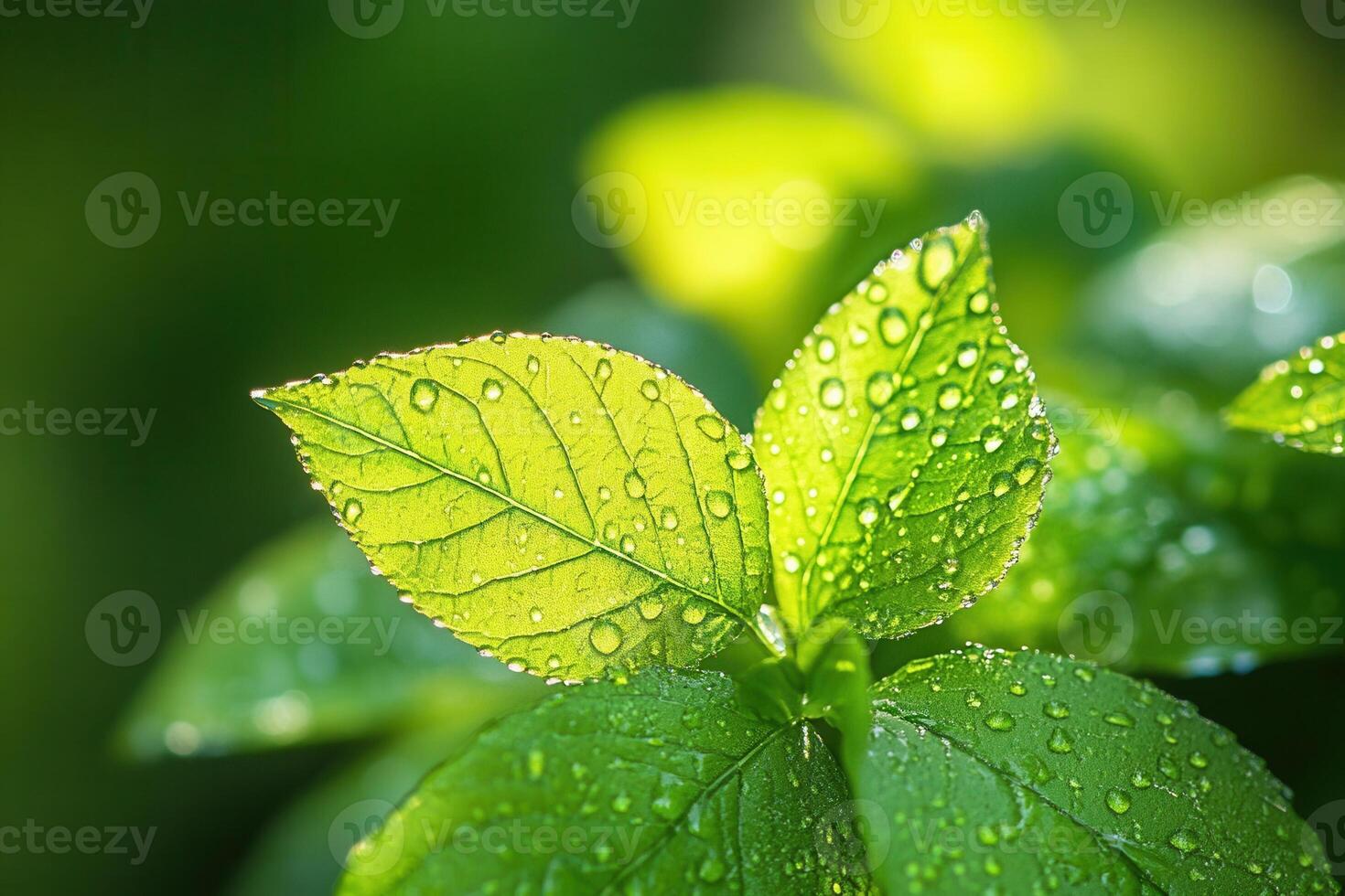 Close-up of vibrant green leaves with water droplets, illuminated by sunlight. photo