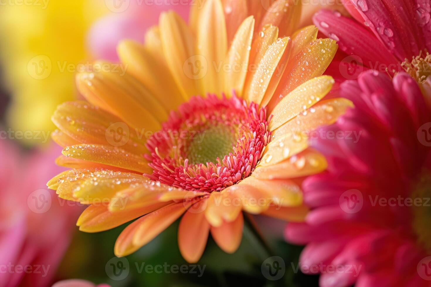 Close-up of vibrant orange and pink gerbera daisies with water droplets. photo