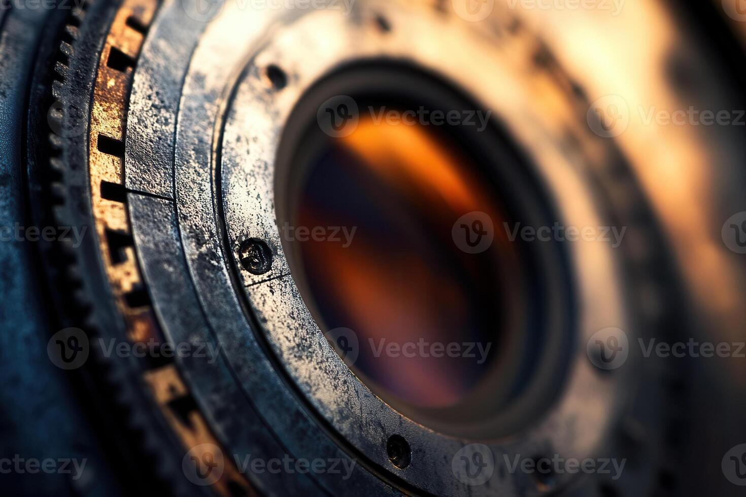 Close-up of vintage camera lens with gears and scratches. photo