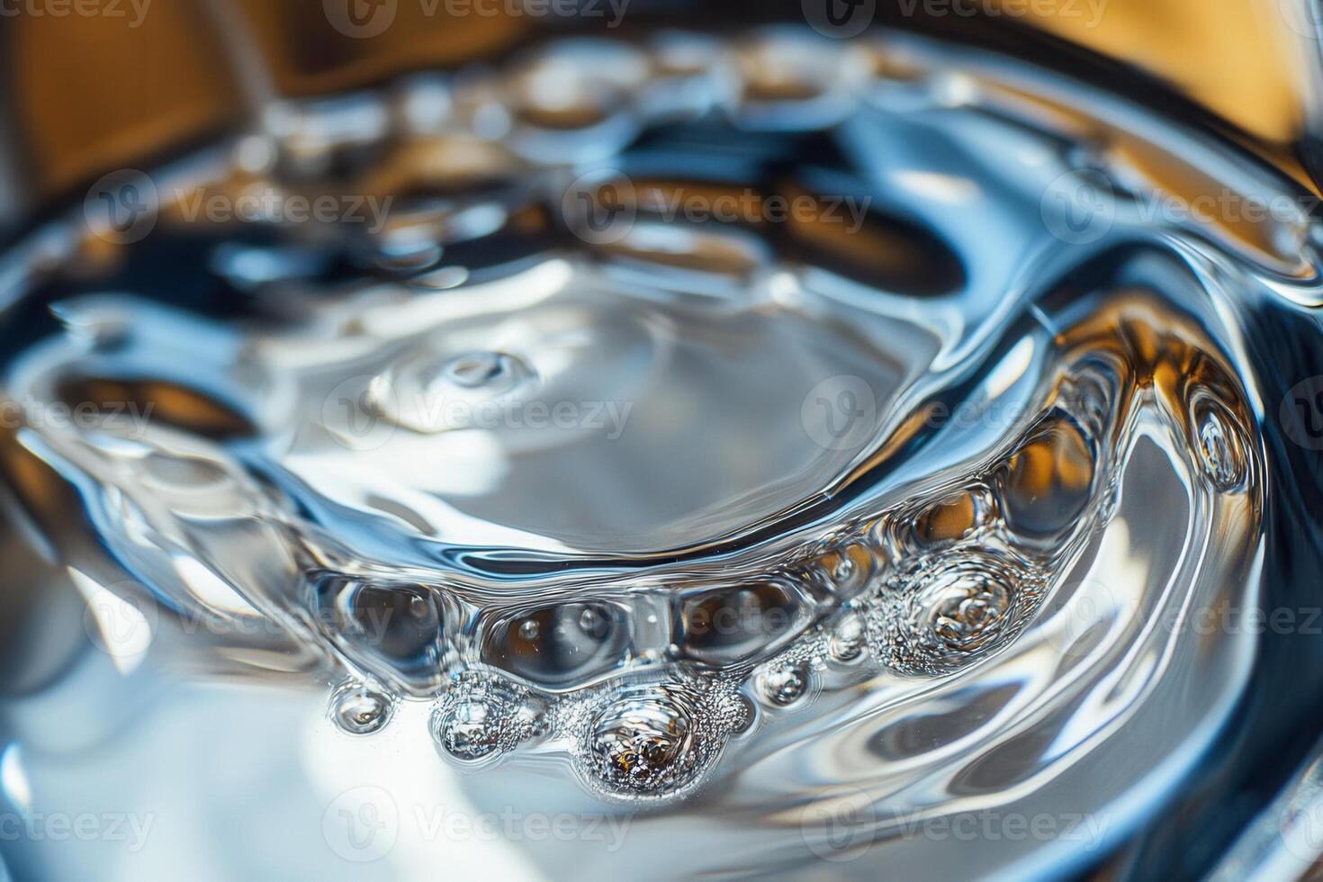 Close-up of water droplet impact, creating ripples and bubbles. photo