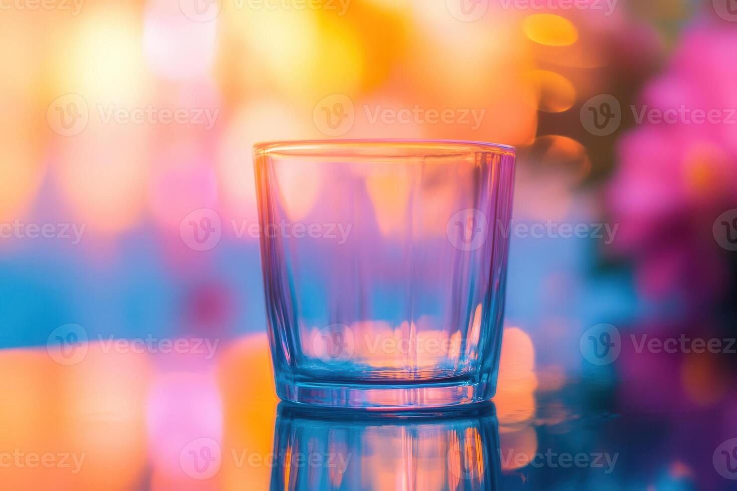 Empty glass on colorful blurred background. photo