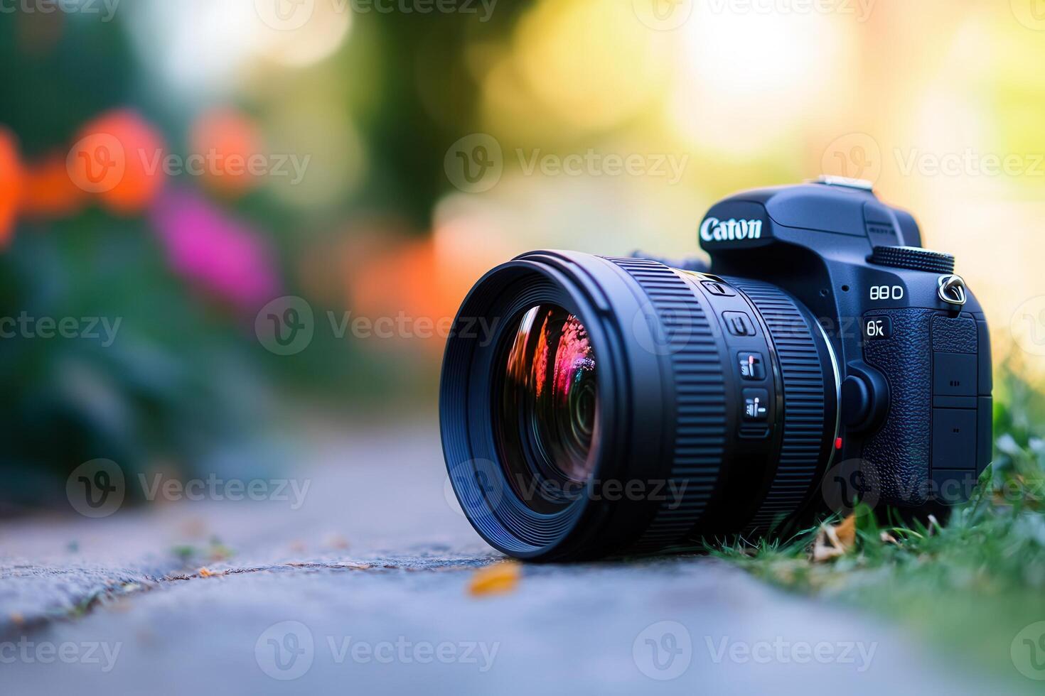 DSLR camera rests on ground, near flowers. photo