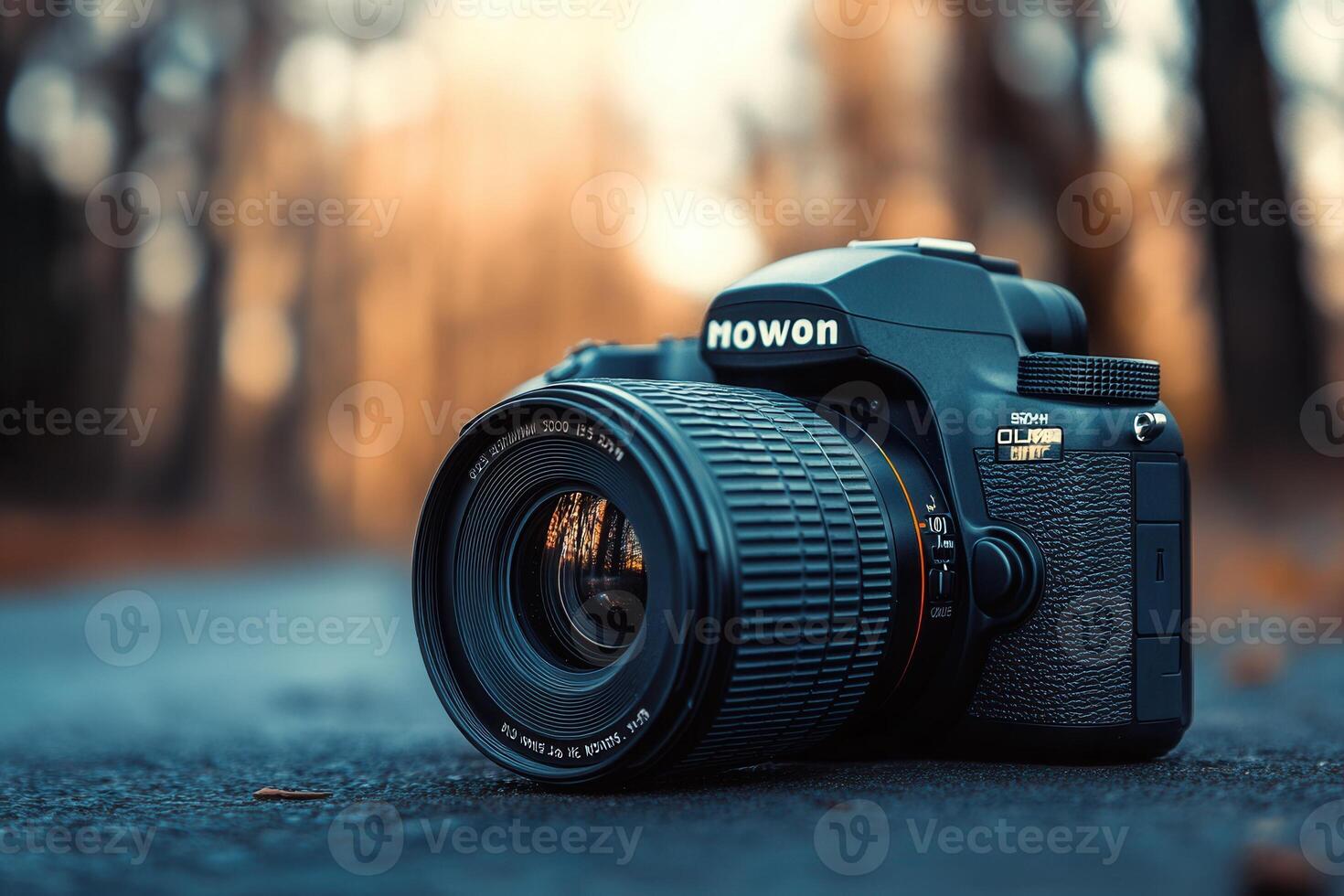 DSLR camera on asphalt path, autumnal background. photo