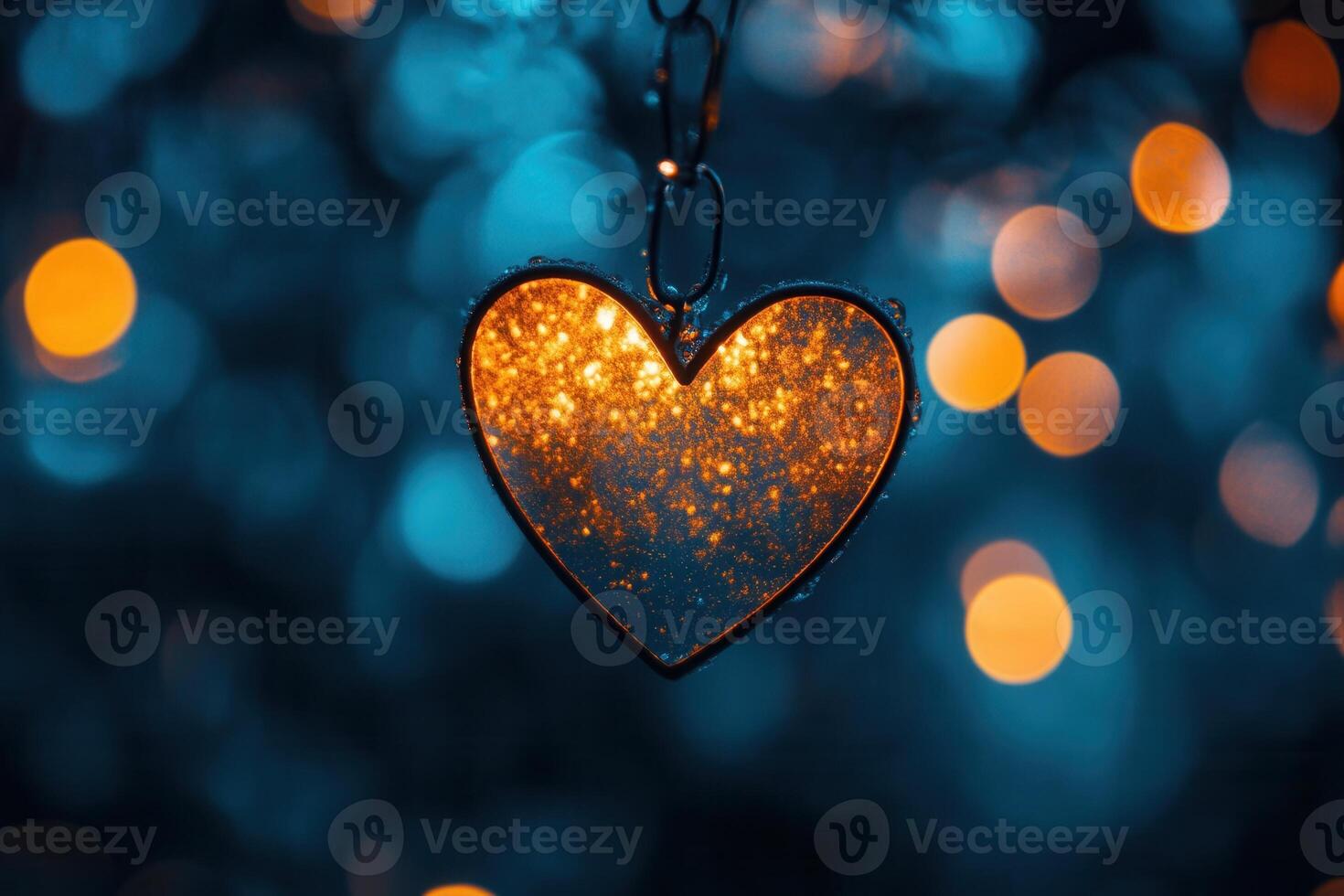 Glowing heart-shaped ornament with bokeh lights. photo
