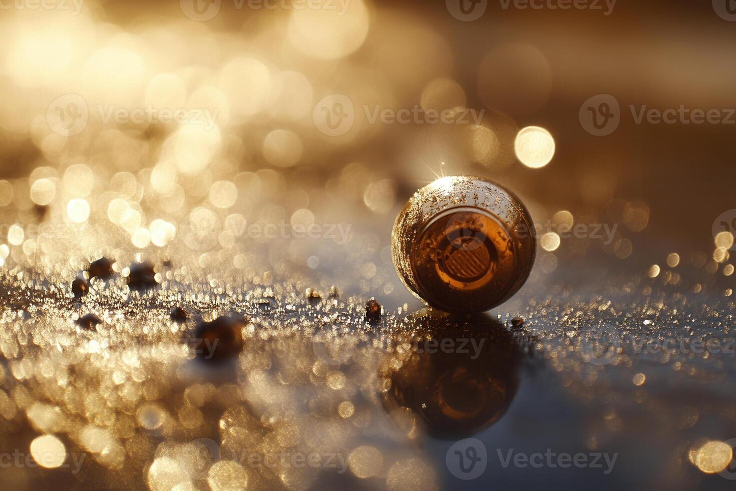 Golden sphere rests on wet, glittering surface at sunrise. photo
