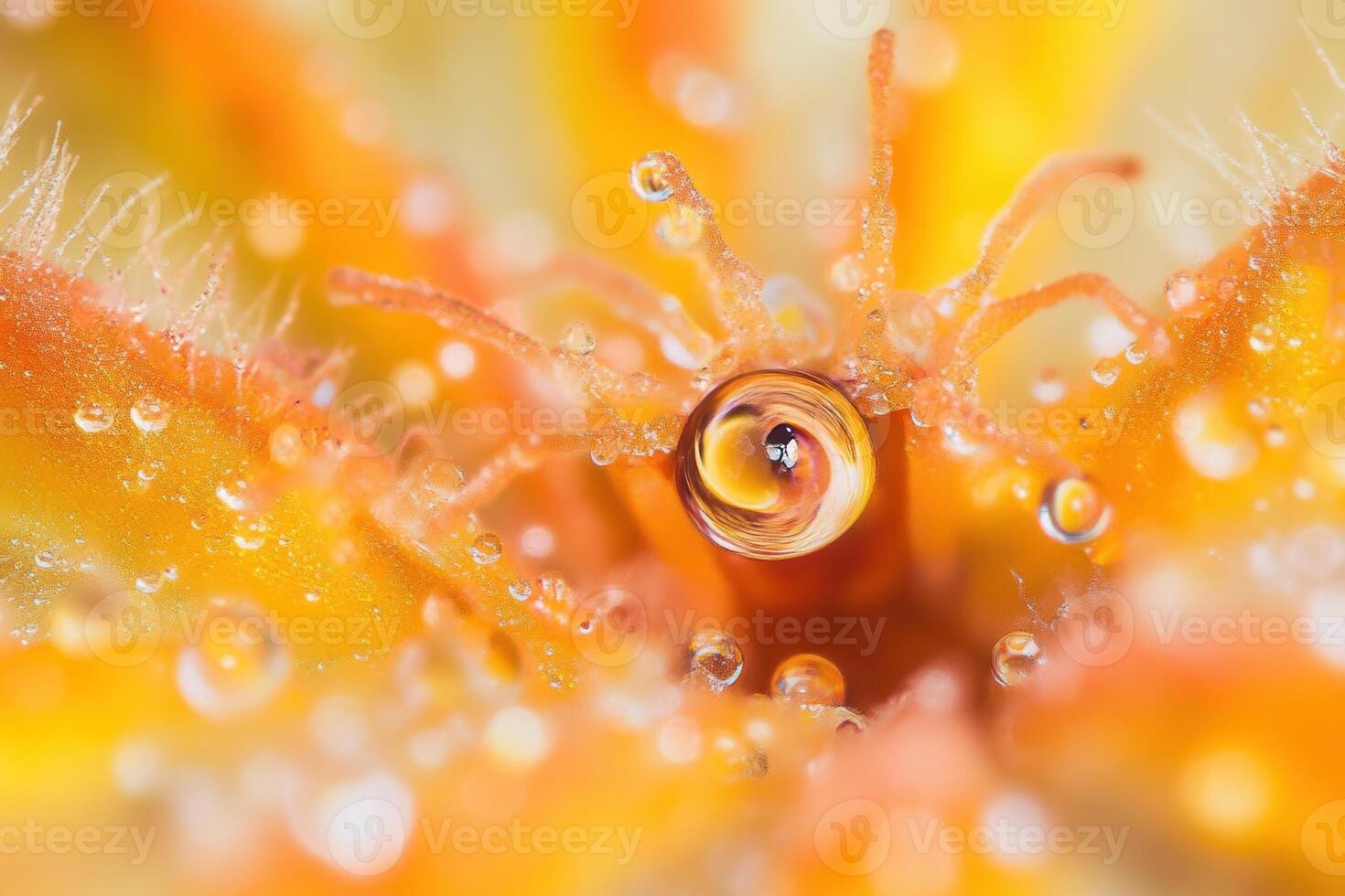 Macro close-up of a vibrant orange flower with dew drops, showcasing intricate details and textures. photo