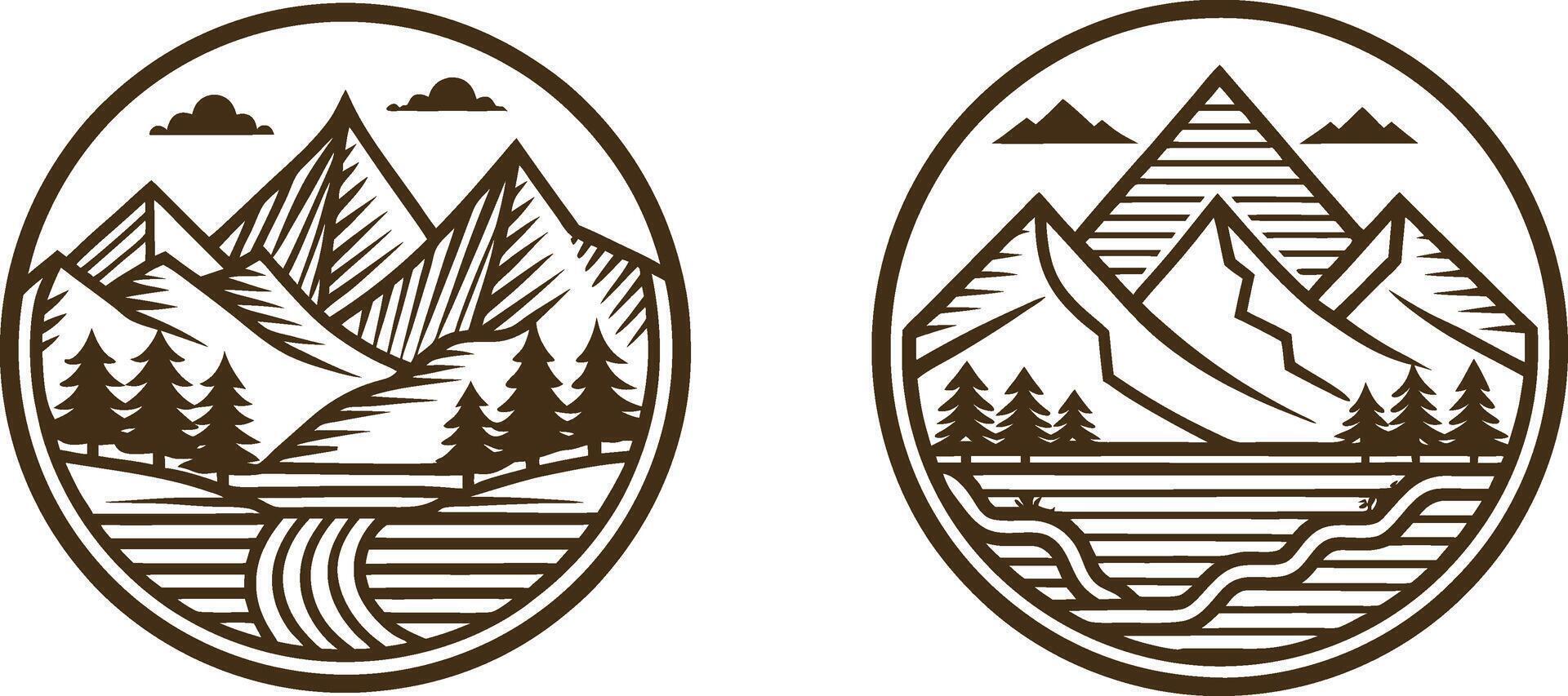 Two mountain and forest scenes in oval shapes vector