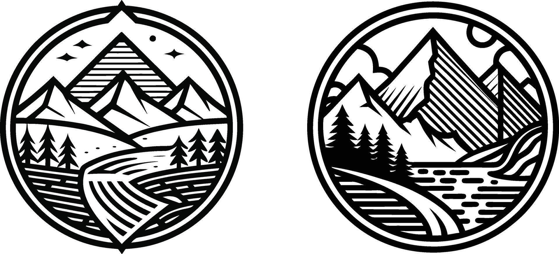 Two black and white mountain and river designs vector
