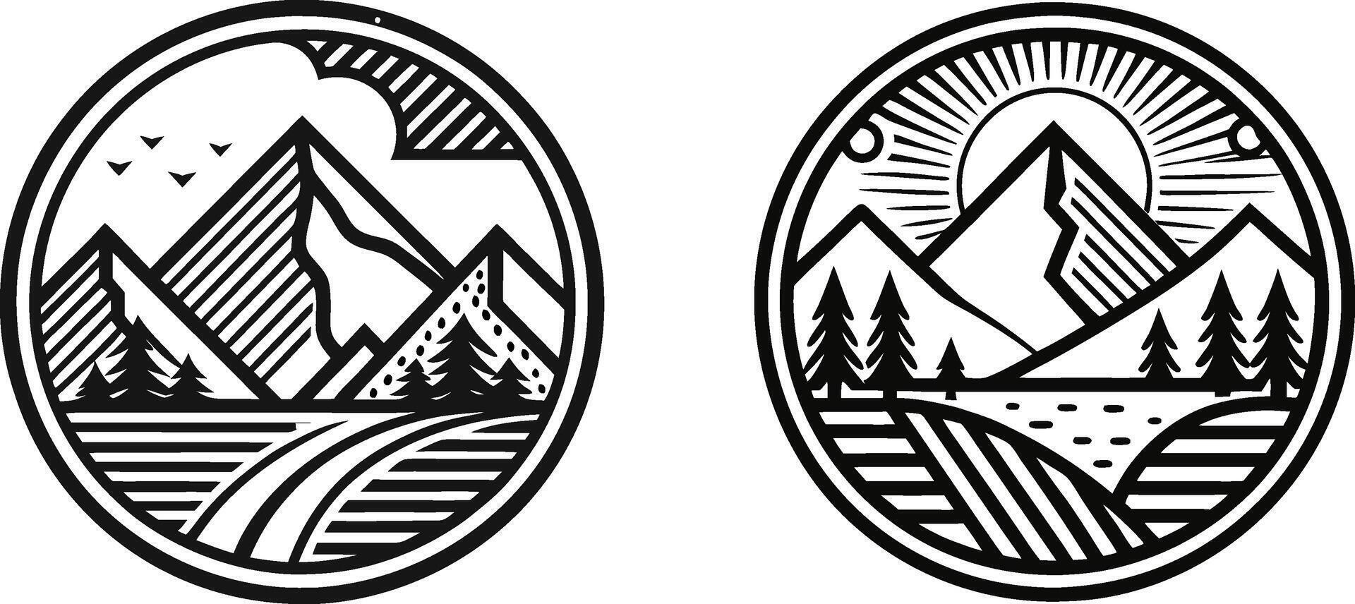 Two black and white mountain and forest emblems vector