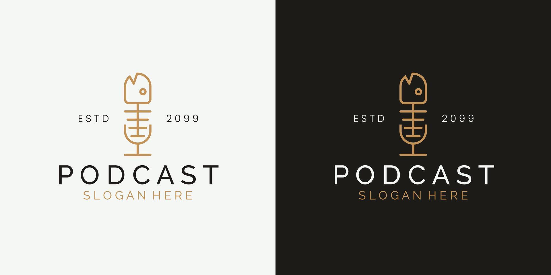 Podcast logo design template. With microphone and fishbone concept. vector