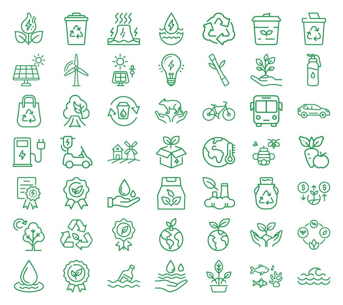 49 Essential Eco and Sustainability Icon Pack - Renewable Energy, Recycling, and Green Living vector