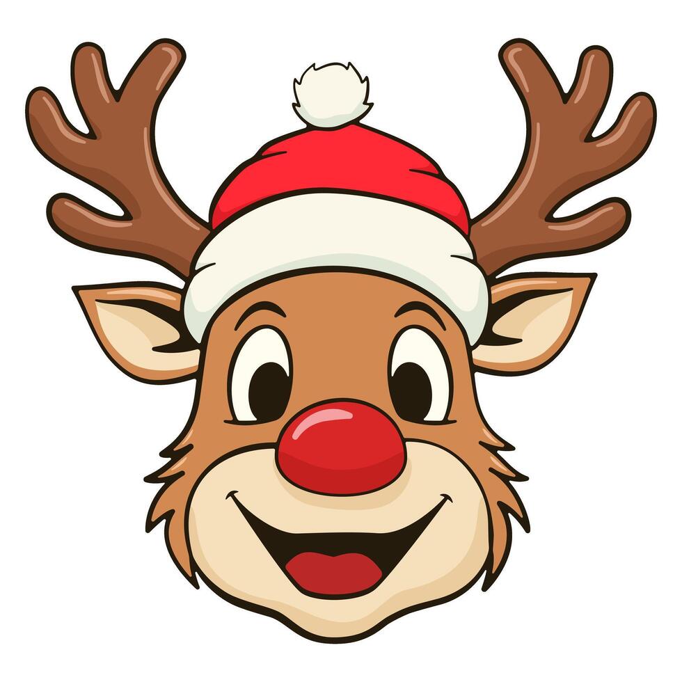 Smiling reindeer with red nose and hat. Cartoon illustration vector