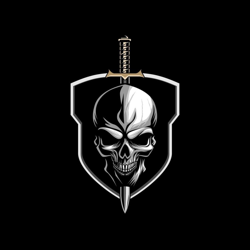 Skull with Stabbing Knife in Shield logo template collection vector