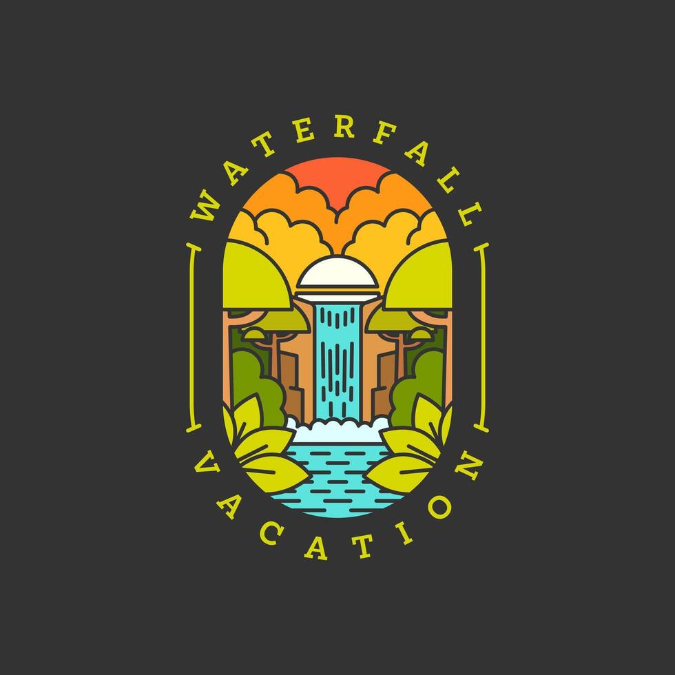 waterfall vacation logo with a waterfall and a tree. The logo is in a black background vector