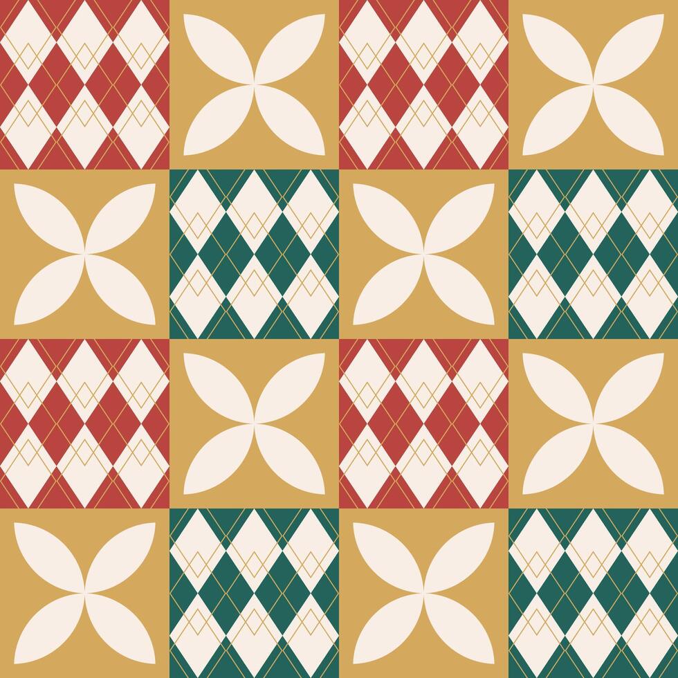 Red and green Argyle with golden flower checkered. Seamless pattern for wrapping paper, wallpaper and decoration. vector