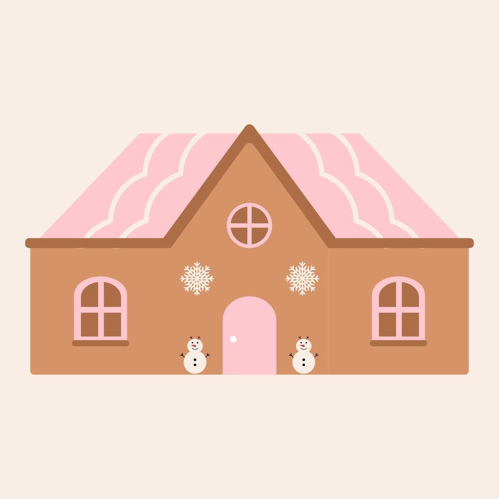 Cute gingerbread house pink roof with two snowman at the front, icon element for Christmas decoration. vector