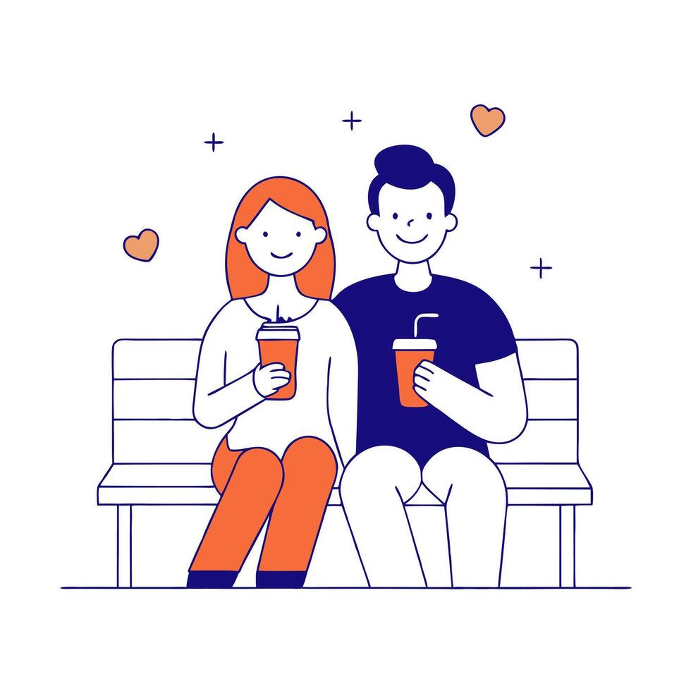 Young couple enjoying iced coffee while sitting on a park bench vector
