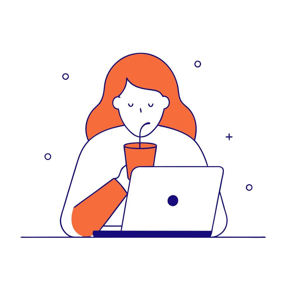 Woman sipping a smoothie while working on a laptop in a cozy caf vector