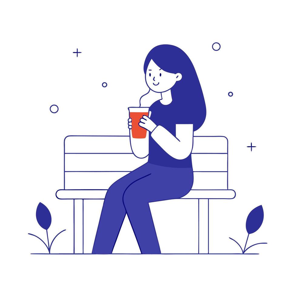Young woman enjoying a smoothie while sitting on a park bench vector