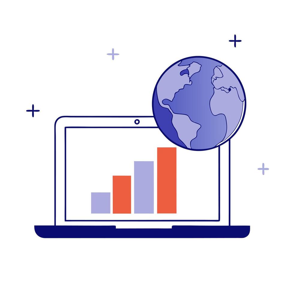 Laptop with holographic globe and bar chart vector