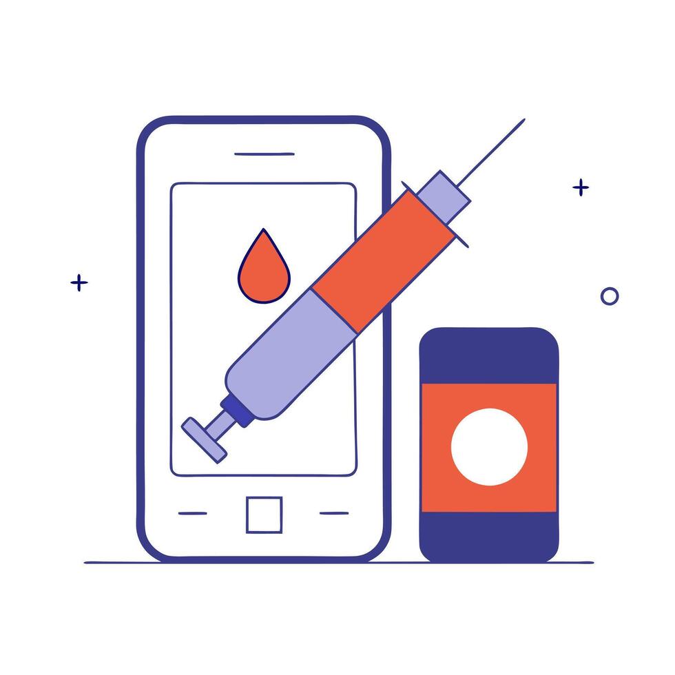 Insulin syringe and diabetes management app floating vector