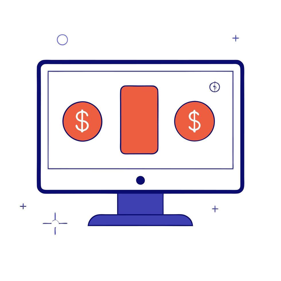 Glossy desktop monitor with holographic financial dashboards and currency symbols vector