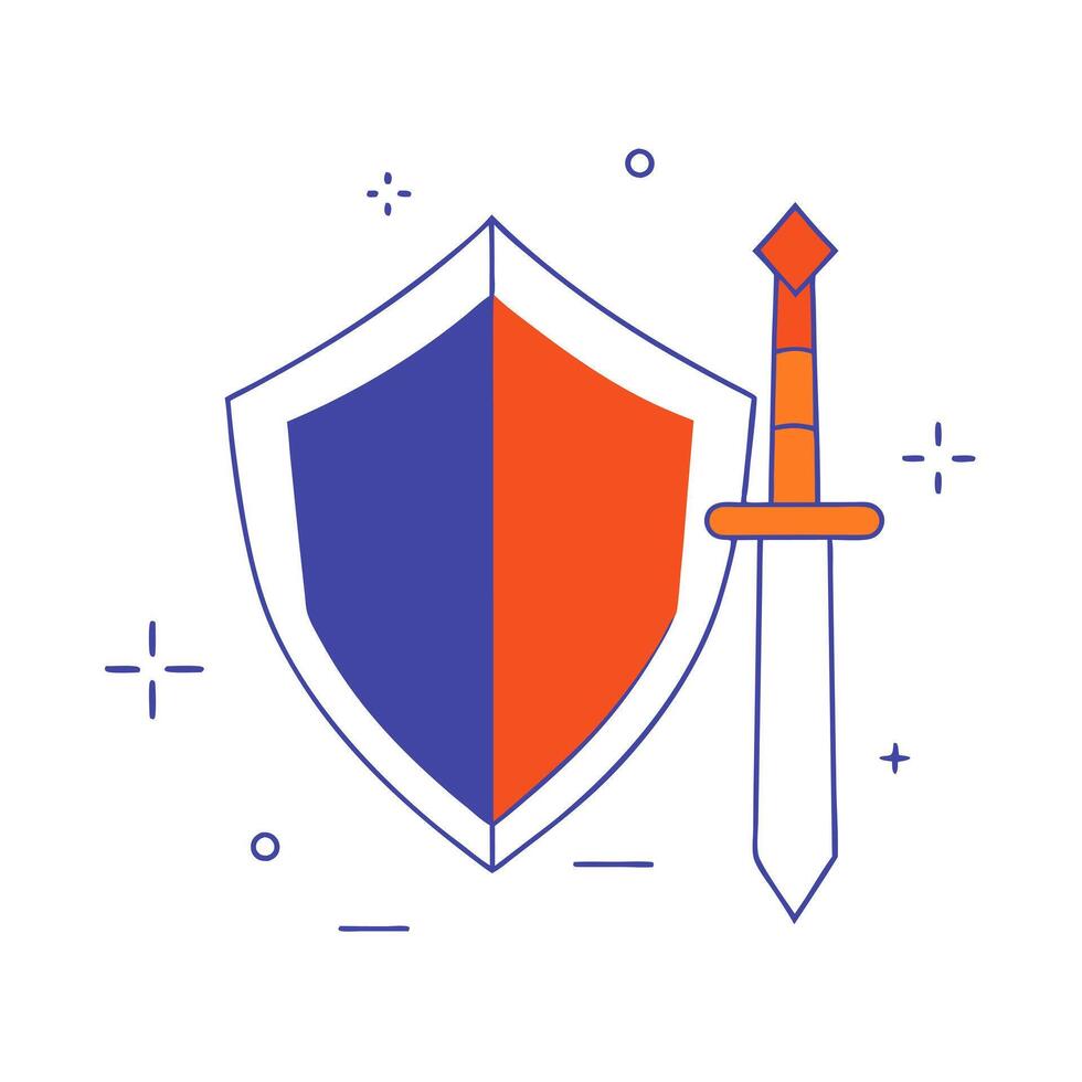 Glowing holographic sword and shield with ample copy space vector