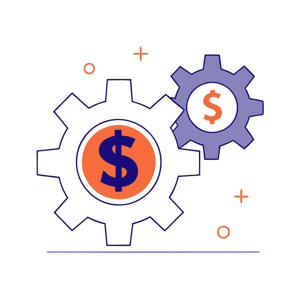 Glowing gears with currency symbols embedded within vector