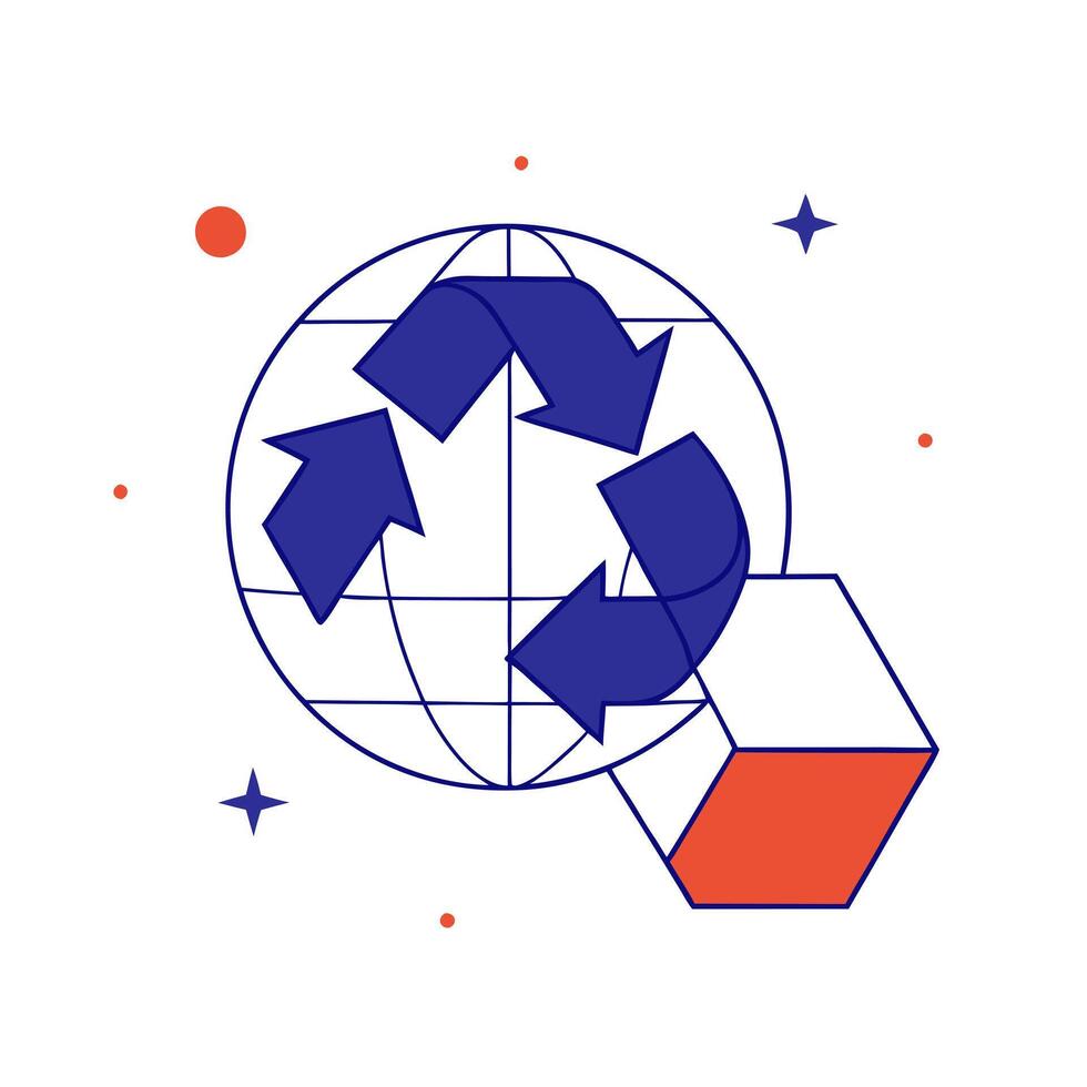 Glossy recycle symbol and globe with holographic sustainability metrics vector