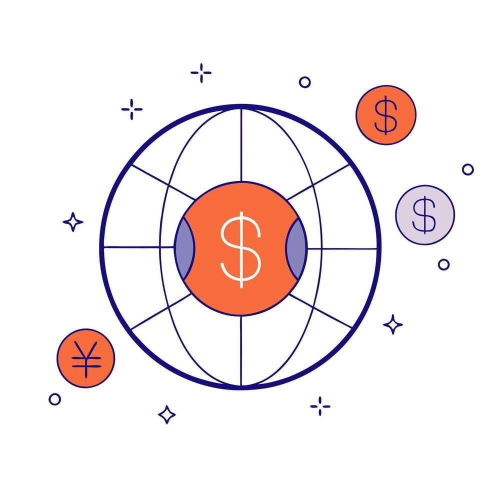 Glowing globe with currency symbols orbiting around vector