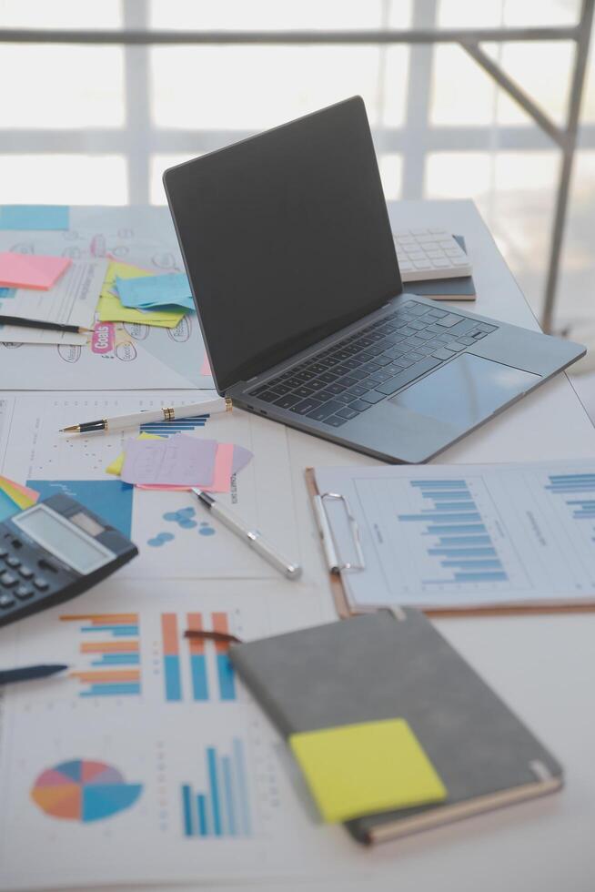 businessman working data document graph chart report marketing research development planning management strategy analysis financial accounting. Business office concept. photo