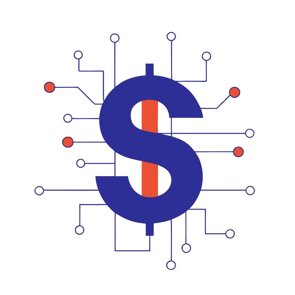 Glowing circuit forming a dollar sign with streaming data vector