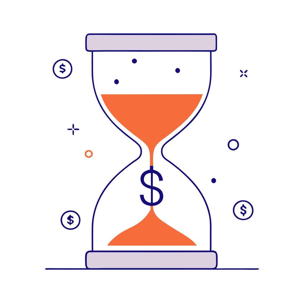 Glowing hourglass with currency symbols flowing through vector