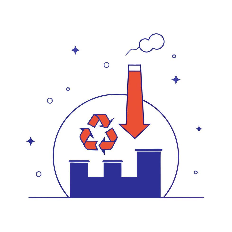 Glossy factory and recycling symbol with holographic waste management data and sustainability goals vector