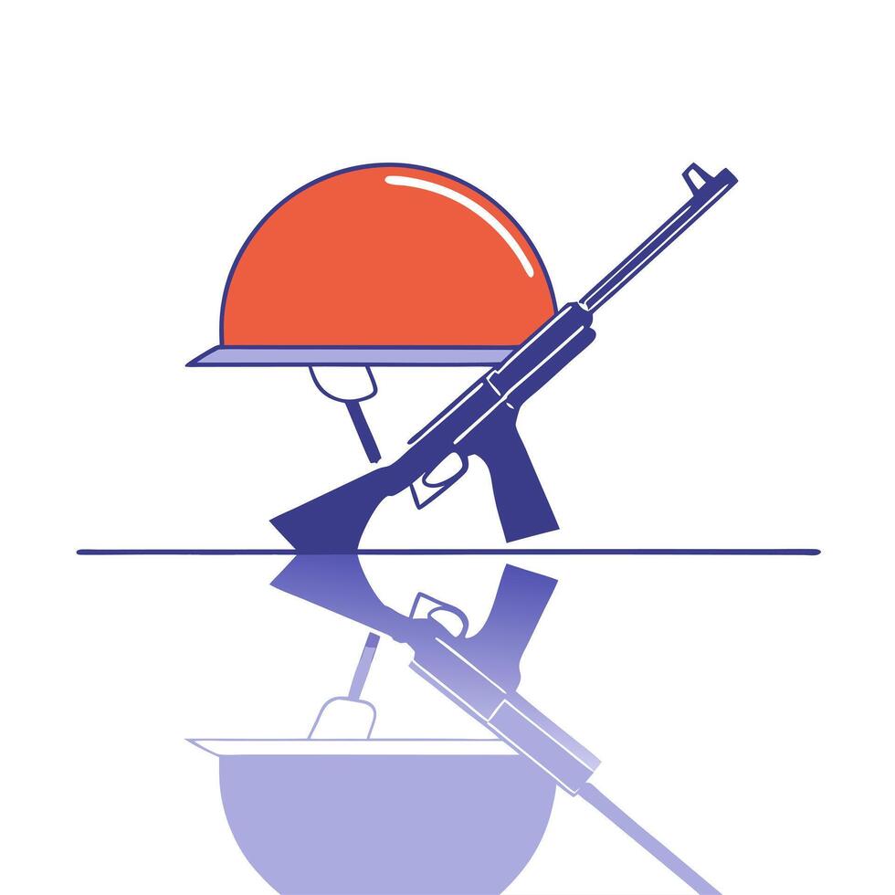 Glossy military helmet and rifle over a reflective surface vector