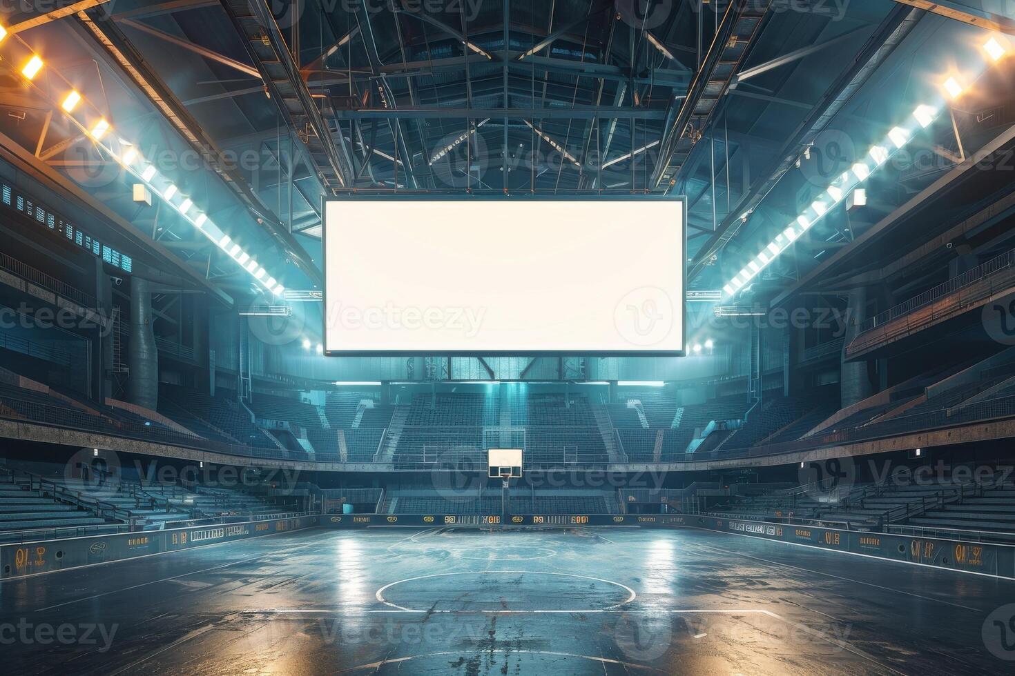 An empty basketball arena with a large screen photo