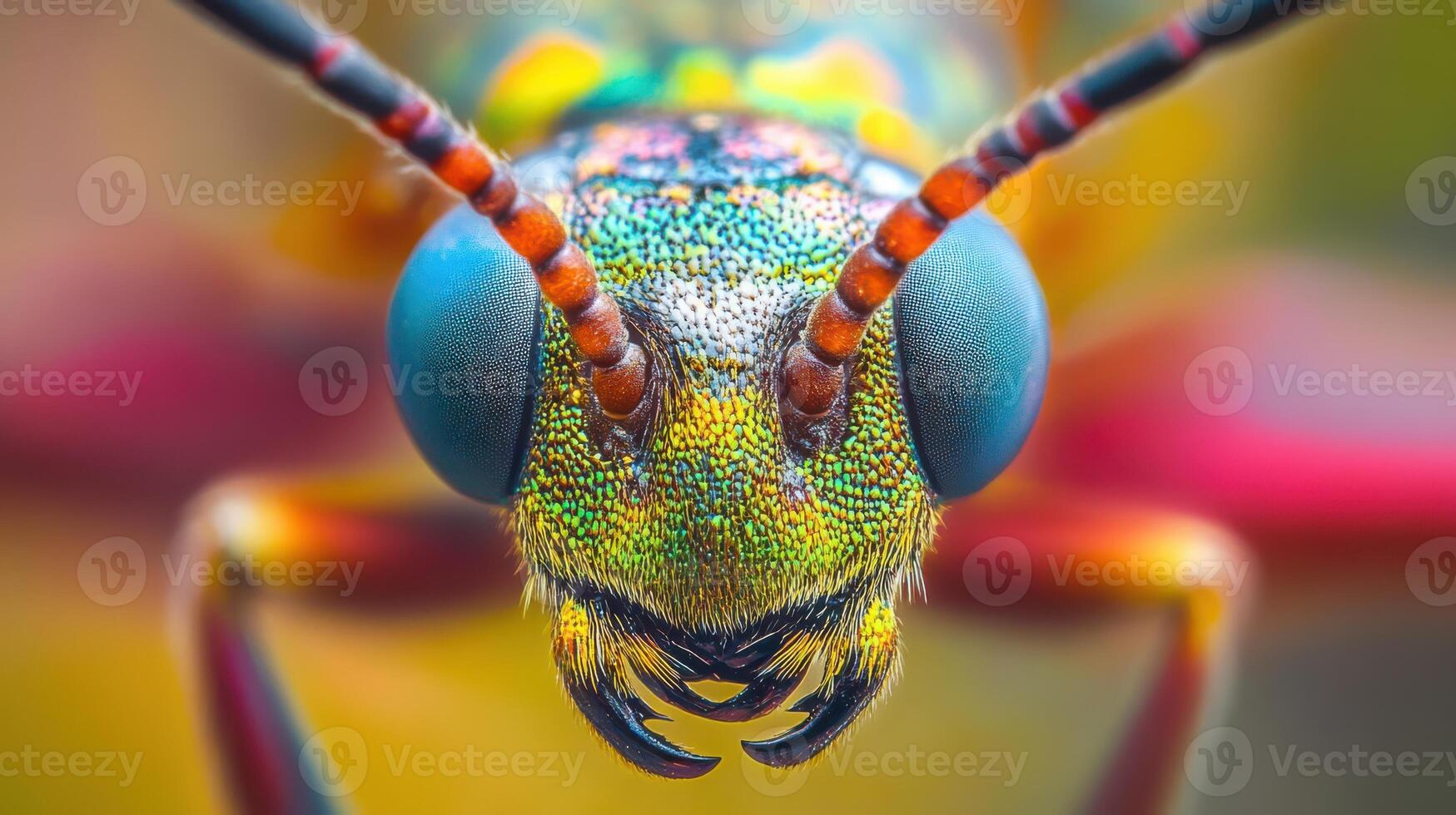 Detailed view of a vibrant insect's face. photo