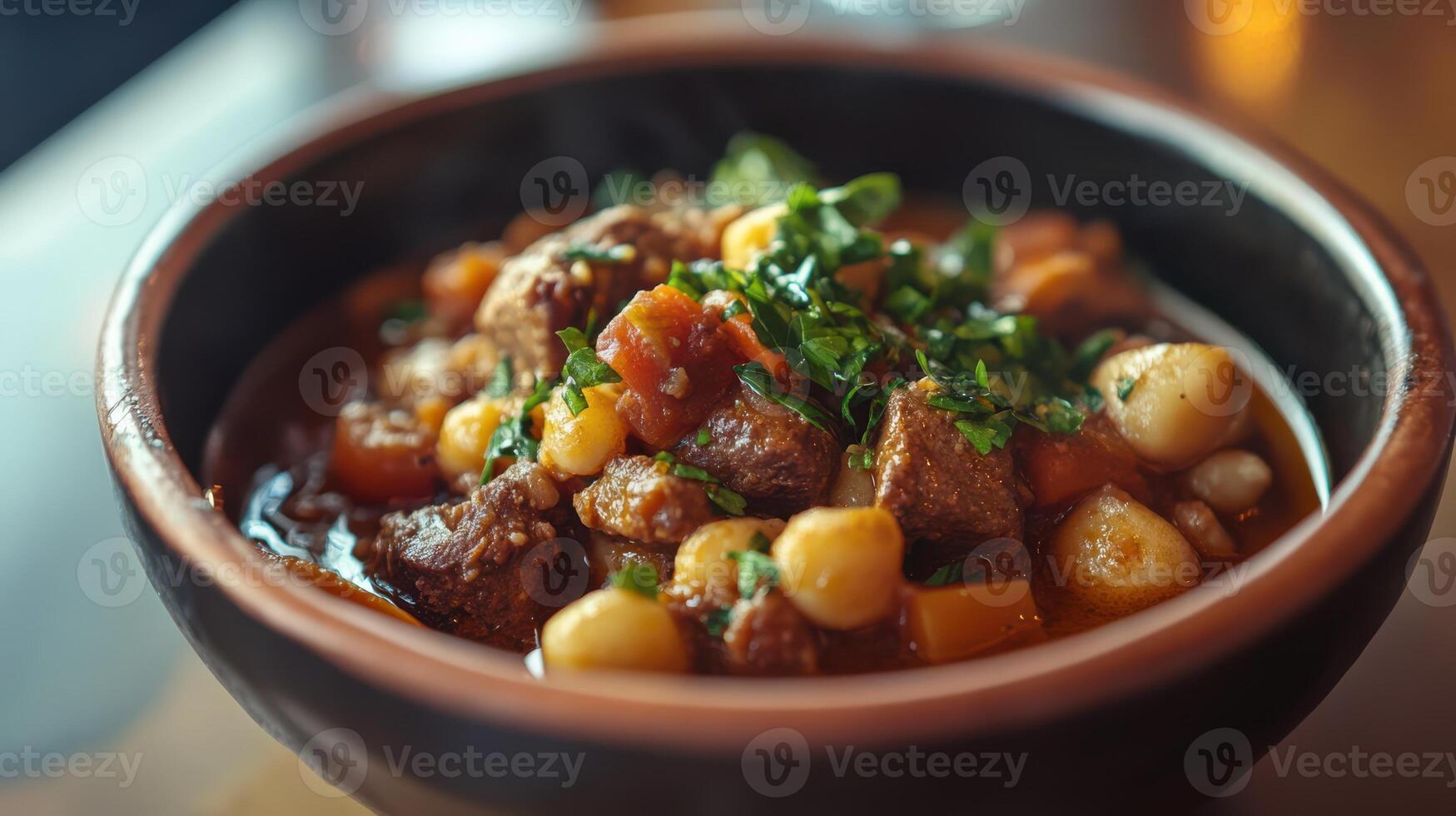 Detailed view of a hearty and flavorful stew in a bowl. photo