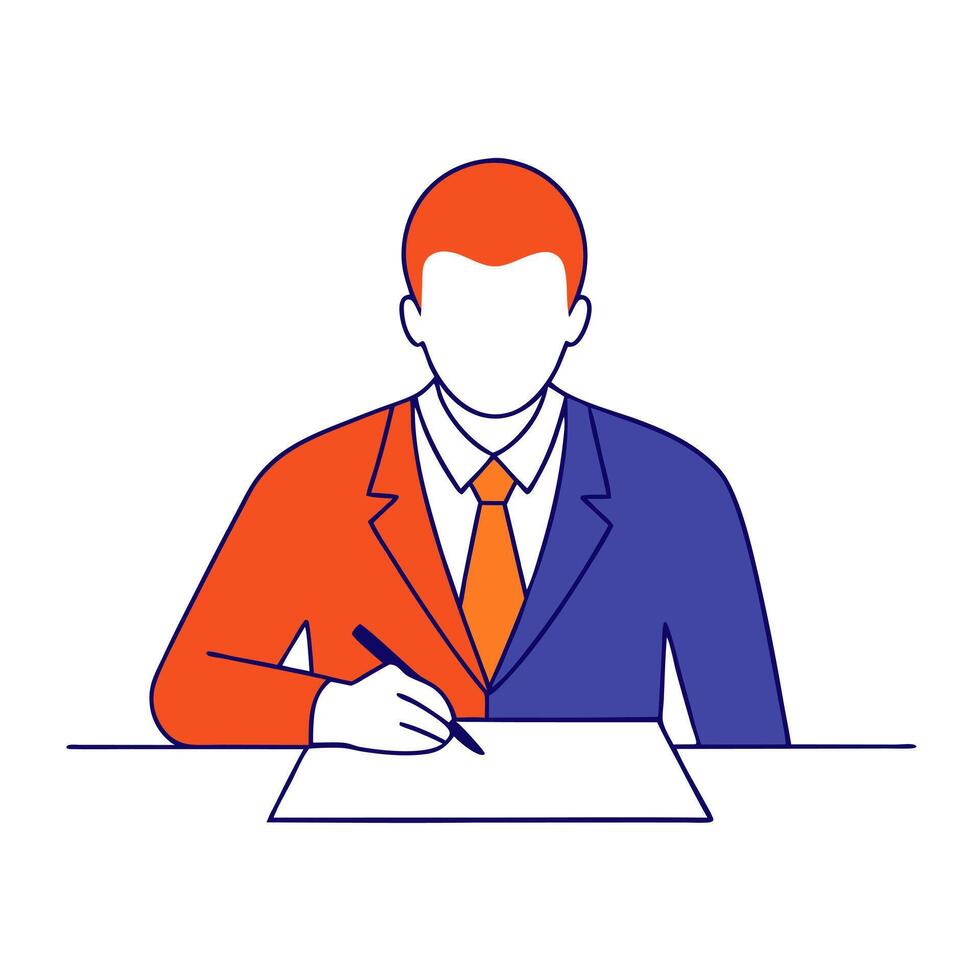 Financial officer signing documents at a desk with a serious expression vector