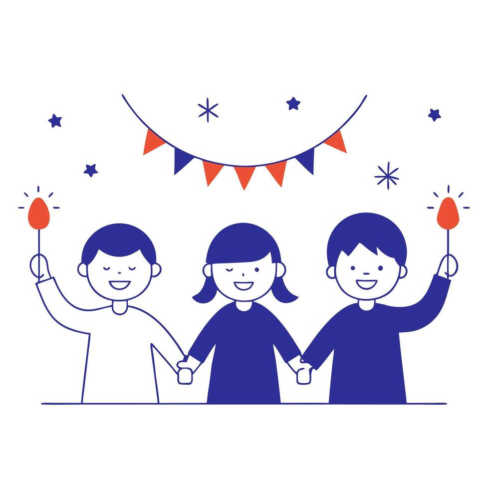 Candid shot of children playing with Diwali glow sticks surrounded by festive decorations and family cheer vector