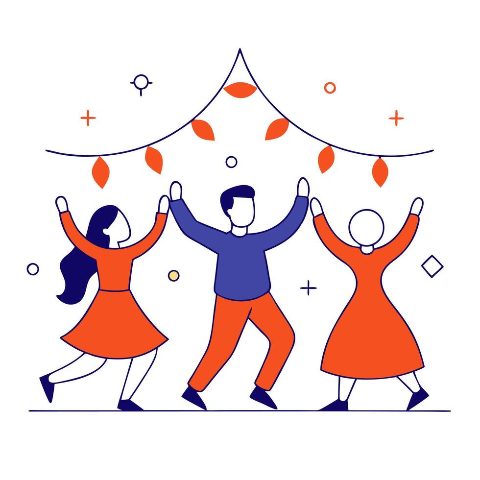 Candid shot of friends enjoying a Diwali dance party with glowing decorations and vibrant energy vector