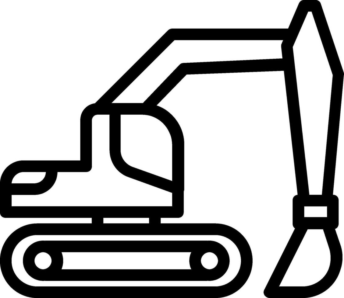 An excavator is shown in black and white vector