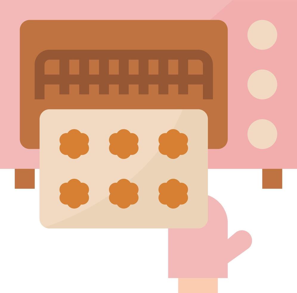 A person is holding a cookie sheet in front of a pink oven vector