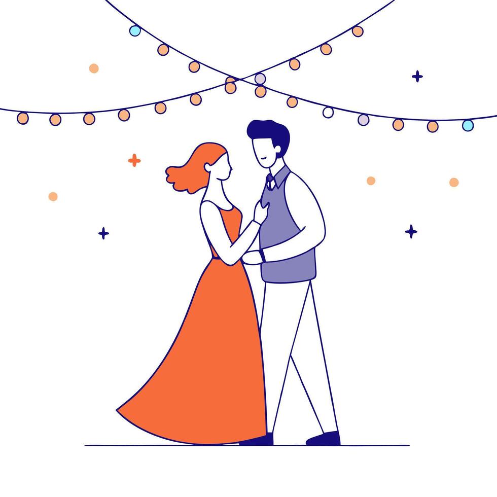 Candid shot of a couple dancing under glowing string lights at an outdoor wedding reception vector