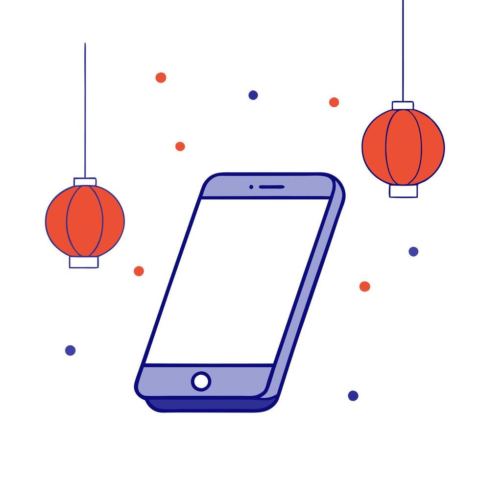 Smartphone on Holographic Surface with Lanterns vector