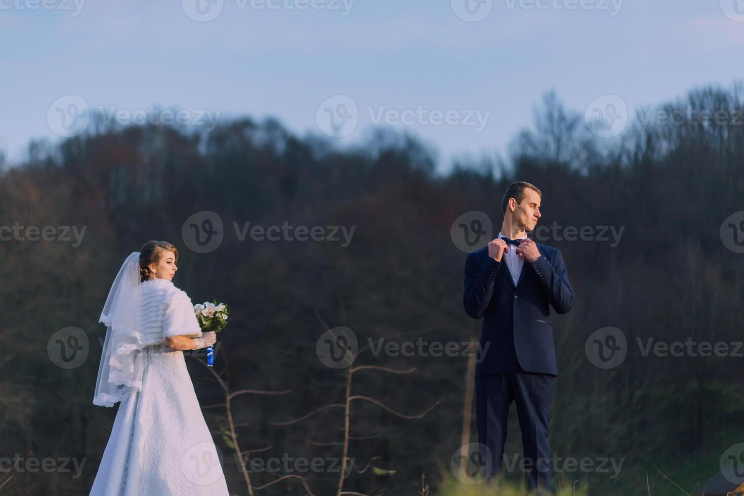 A bride and groom stand in a field, the bride holding a bouquet photo